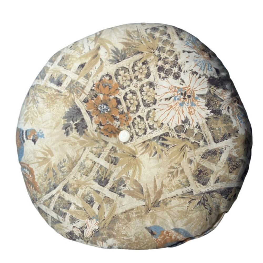 VTG Round Throw Pillow Beige Floral Bird Pheasant Chinoiserie Tufted Cushion 19"